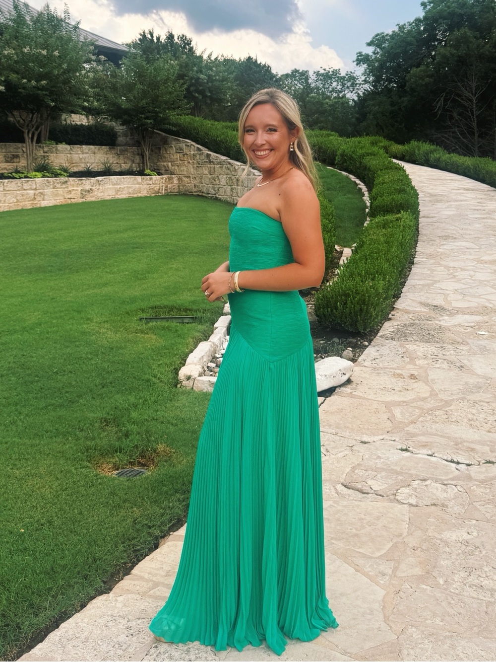 Alexis Strapless Green Pleated Maxi Dress